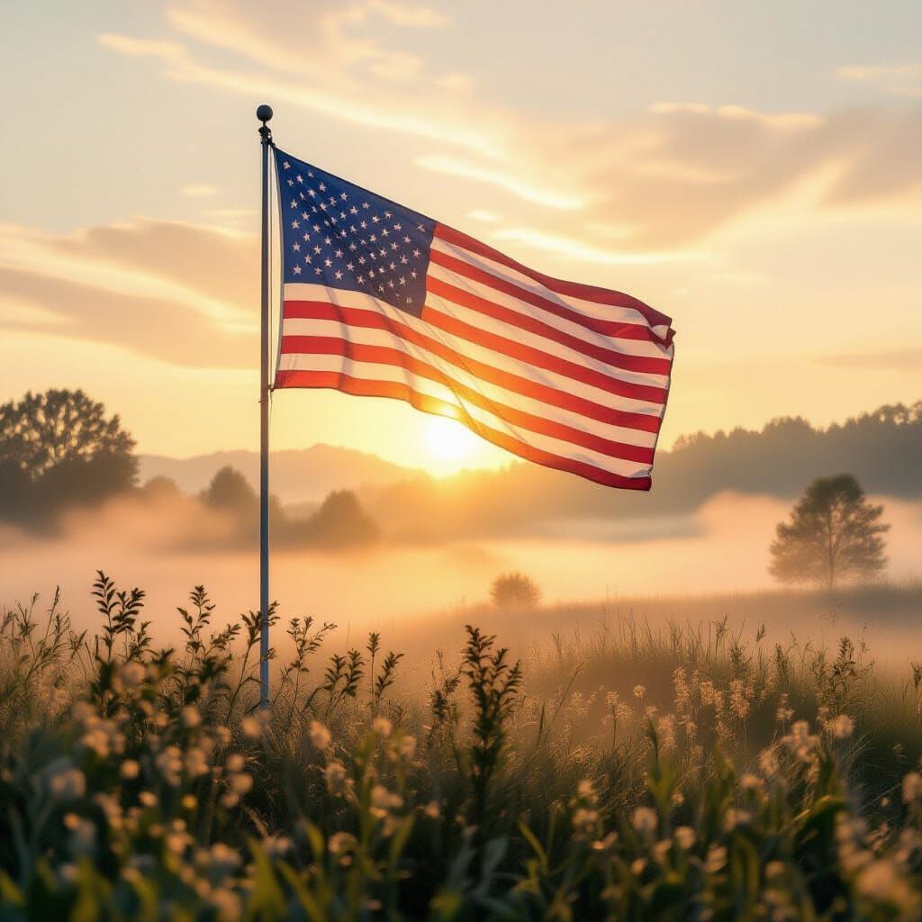 American Flag Waving in Golden Misty Light