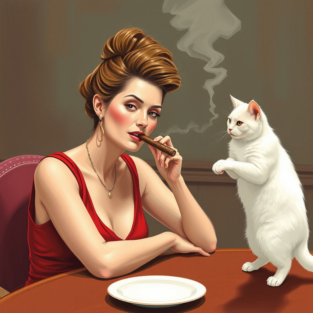 Woman Smoking Cigar with Cat in Pastel Style
