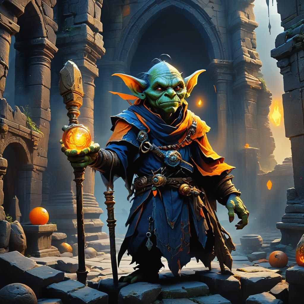 Mystical Goblin Mage in Art Nouveau Ruins