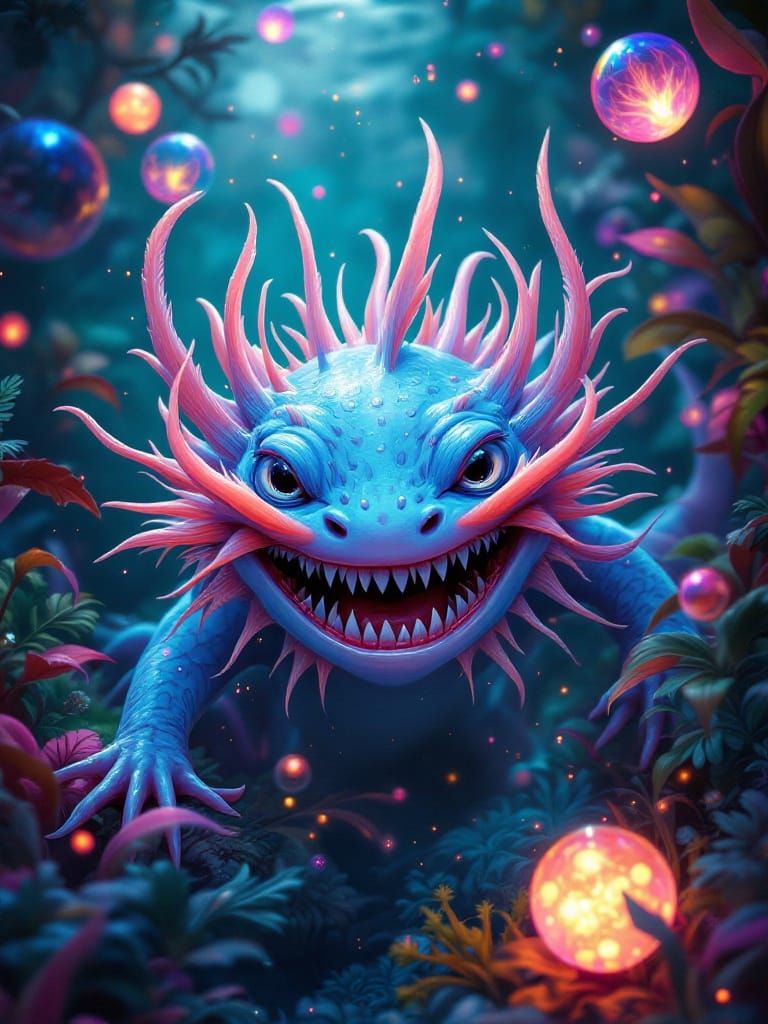 Surreal Axolotl with Human Teeth in Dreamy Landscape