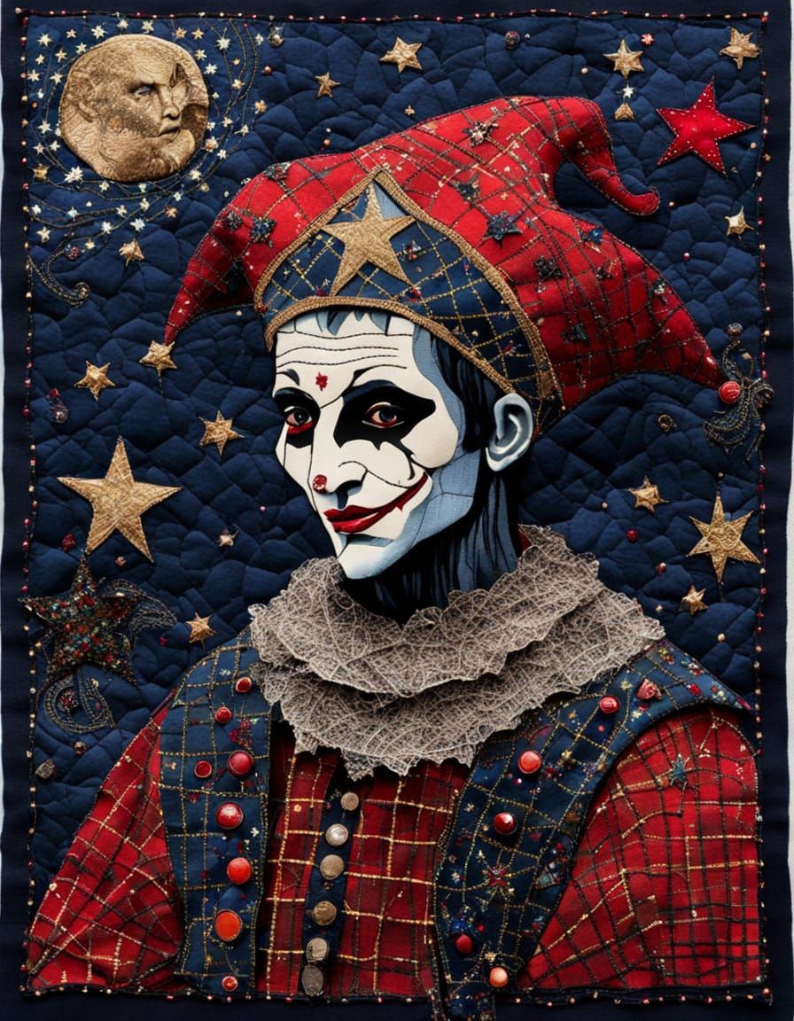 Mysterious Jester in Mixed Media Collage