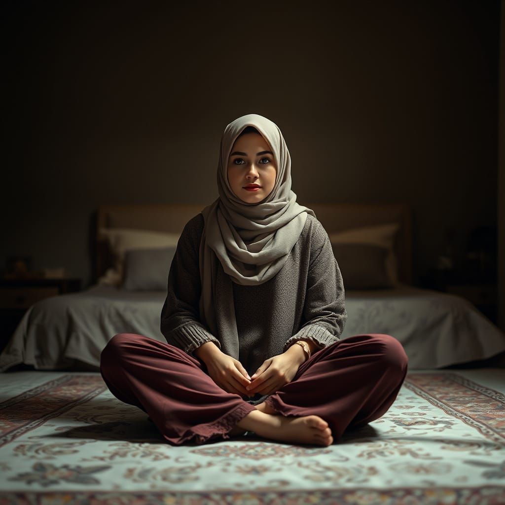 Serene Muslim Woman in Bedroom: Digital Art