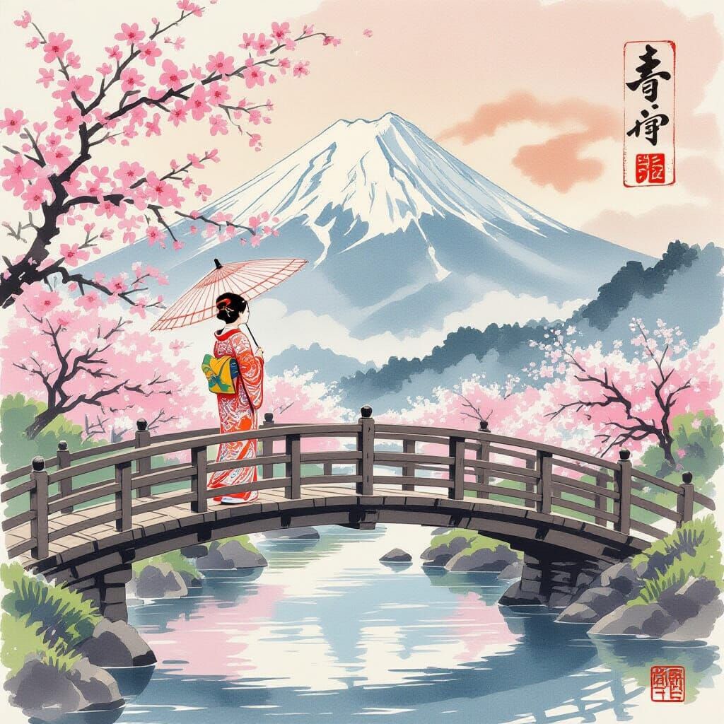Kimono Woman on Bridge with Mount Fuji in Ukiyo-e Style