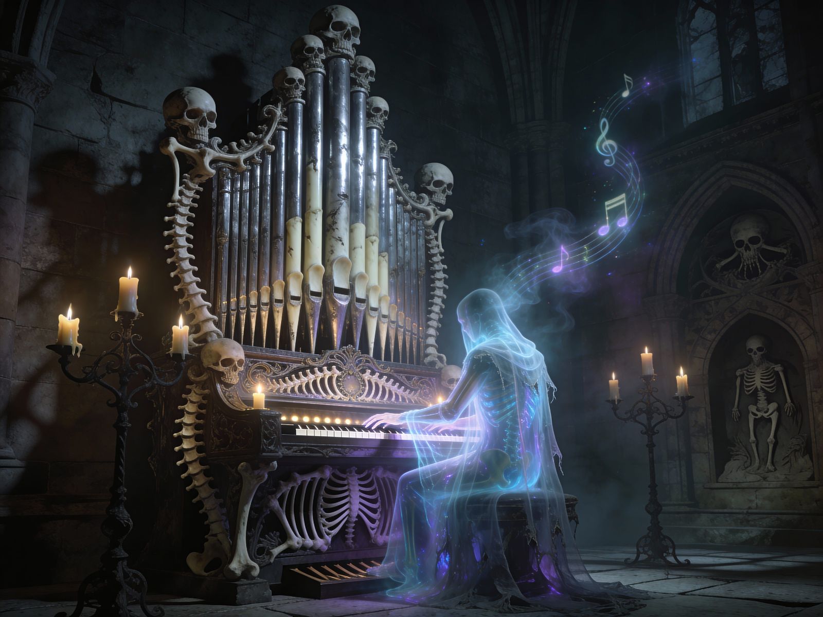 Gothic Bone Organ Played by Phantom in Shadowed Cathedral