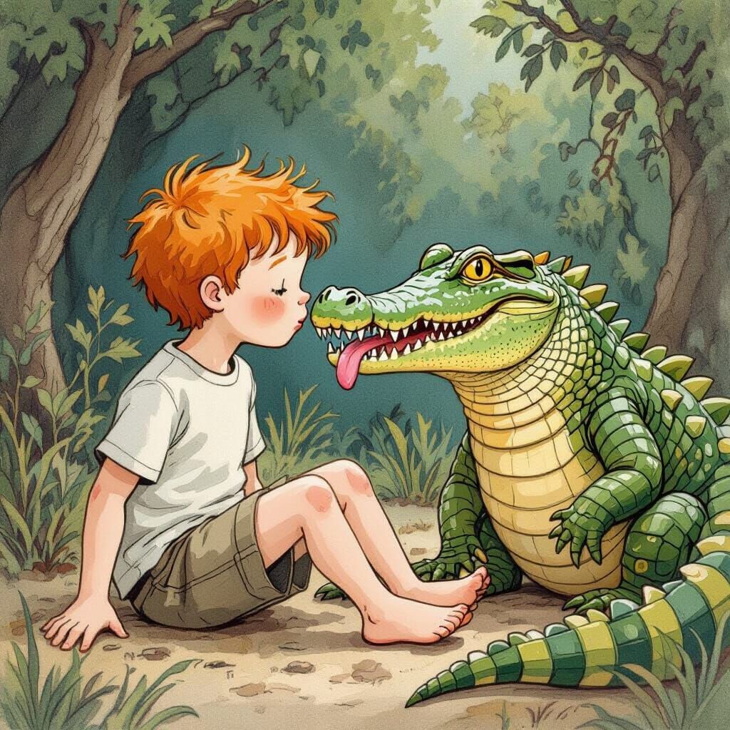 Boy and Crocodile: Whimsical Children's Illustration