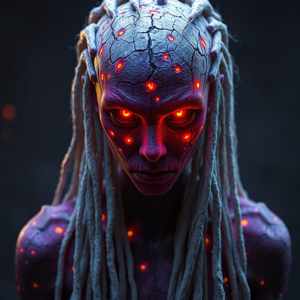 Ethereal, Cracked Beauty with Fiery Red Eyes and Glowing Spo...