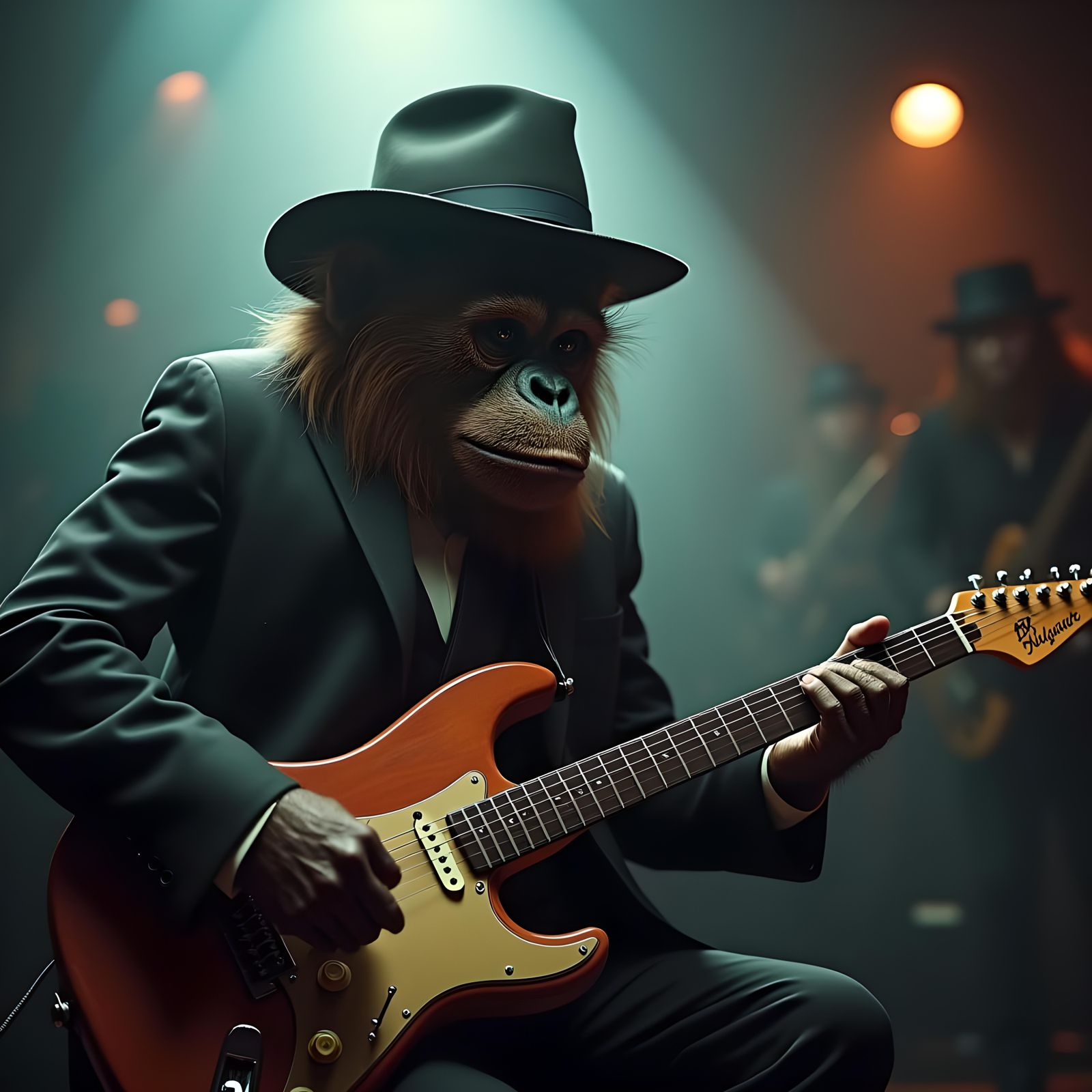 Orangutan Plays Guitar in Smoky Jazz Club