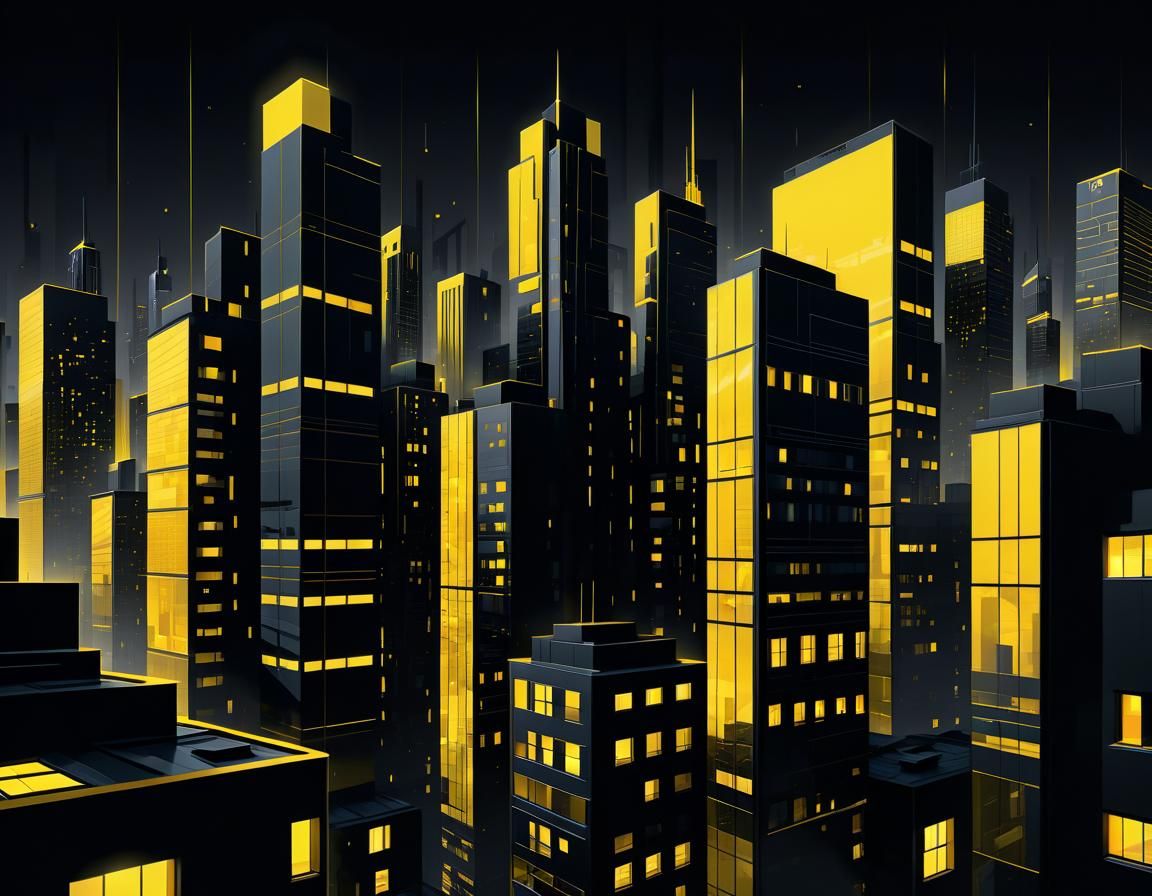 Neo-Noir Night Cityscape with Yellow Windows