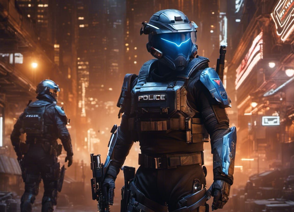 Dystopian Sci-Fi Police Officer in Detailed Armor