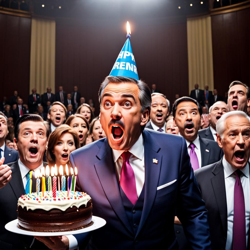 Politician Surprised by Cake During Speech