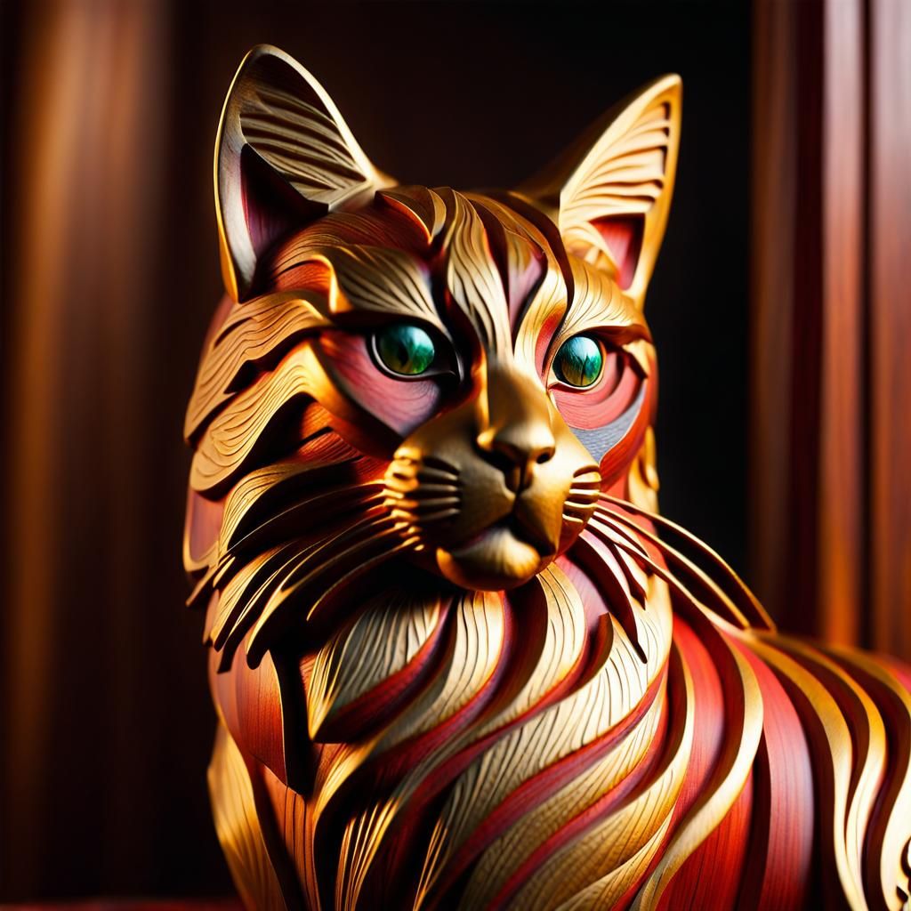 Hyper-Realistic Cat Carving Wooden Statue