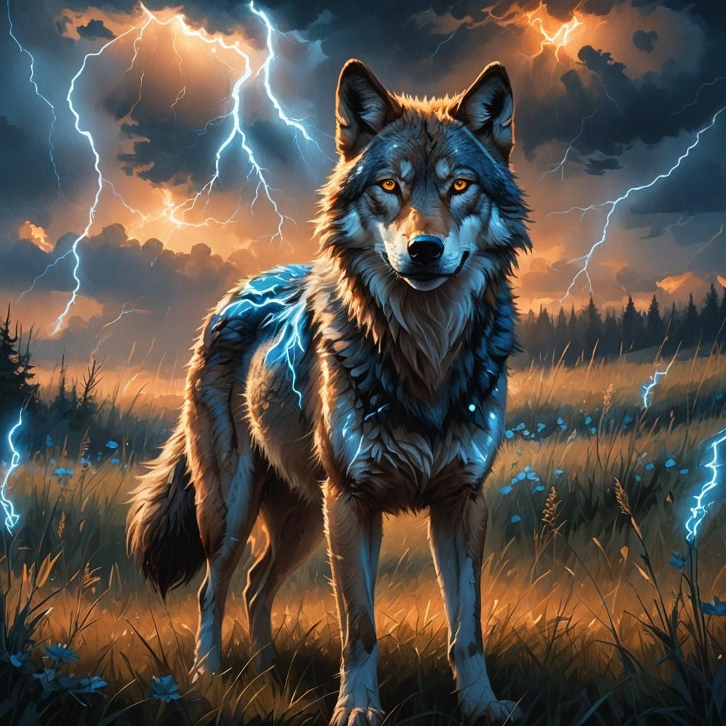 Electric Blue Lightning Wolf in Fantasy Meadow