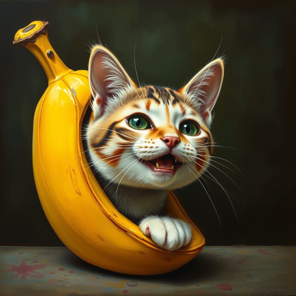 Whimsical Cat Emerges from Bright Yellow Banana Peel