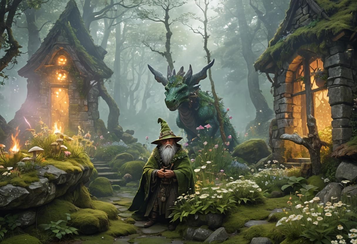 Dragonborn Druid in Moss Garden: Whimsical Fantasy Art