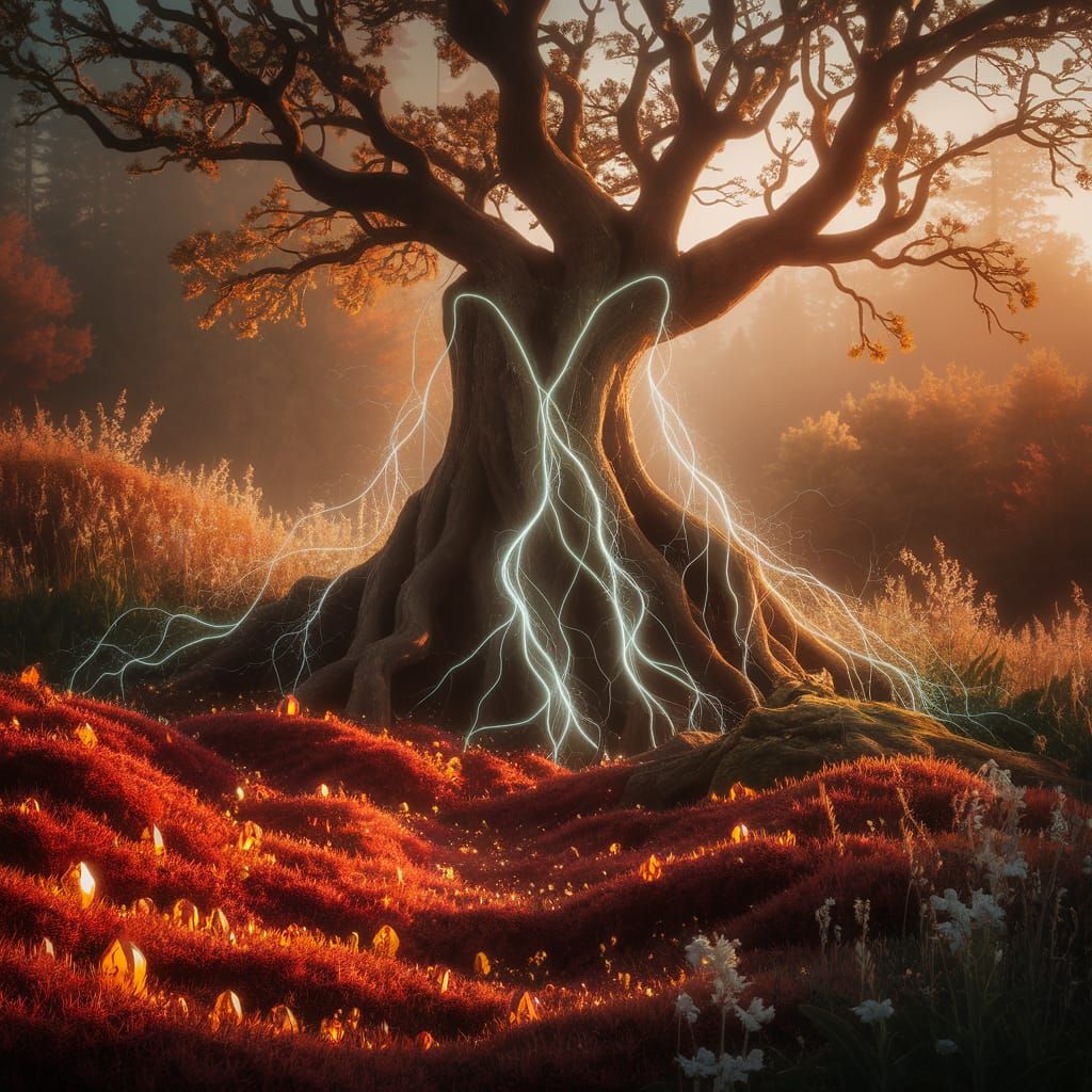 Ancient Oak Tree with Luminous Vines in Golden Hour Light