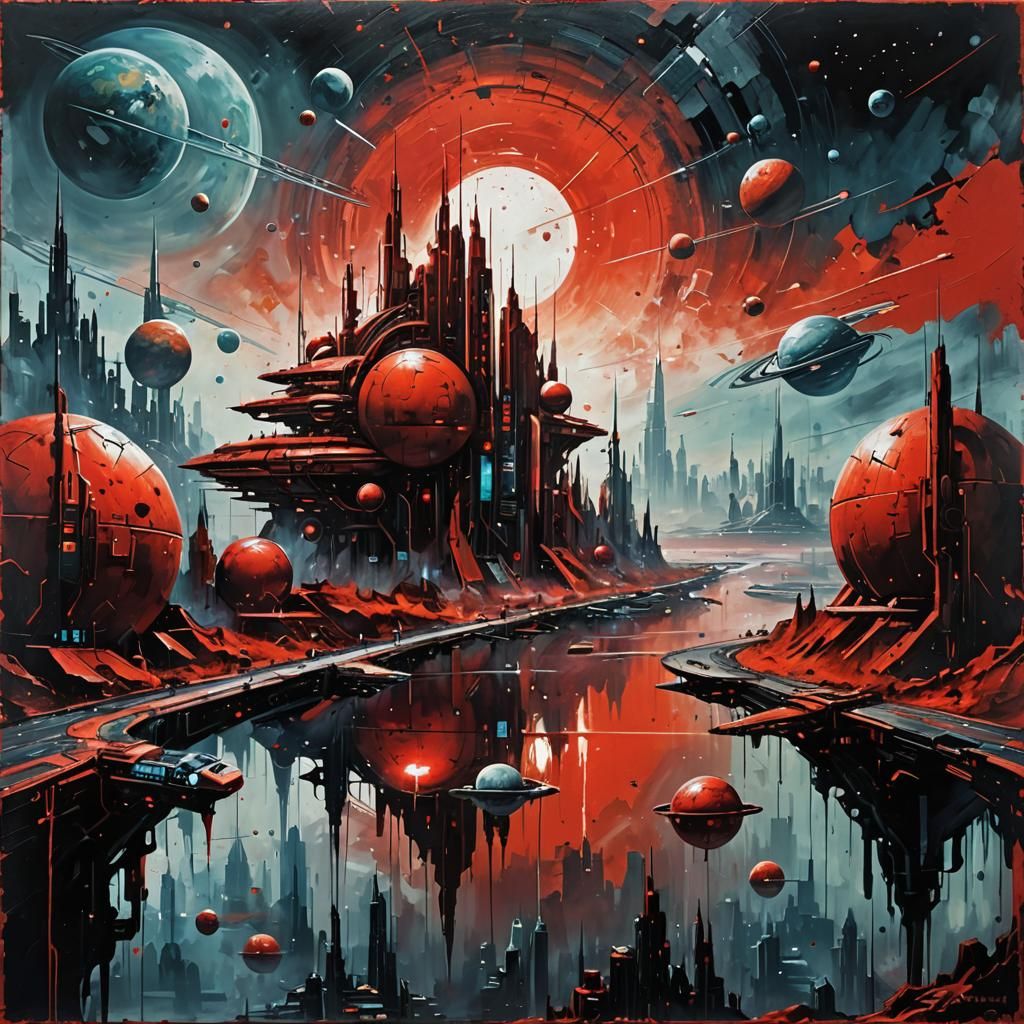 Futuristic Cityscape with Red Hues and Spaceships