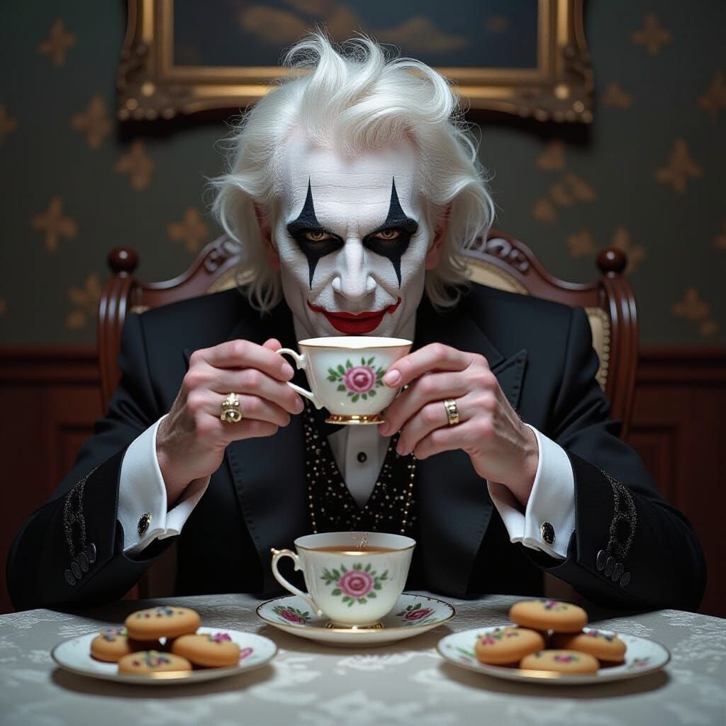 Elderly Figure with Dark Makeup Enjoys Tea