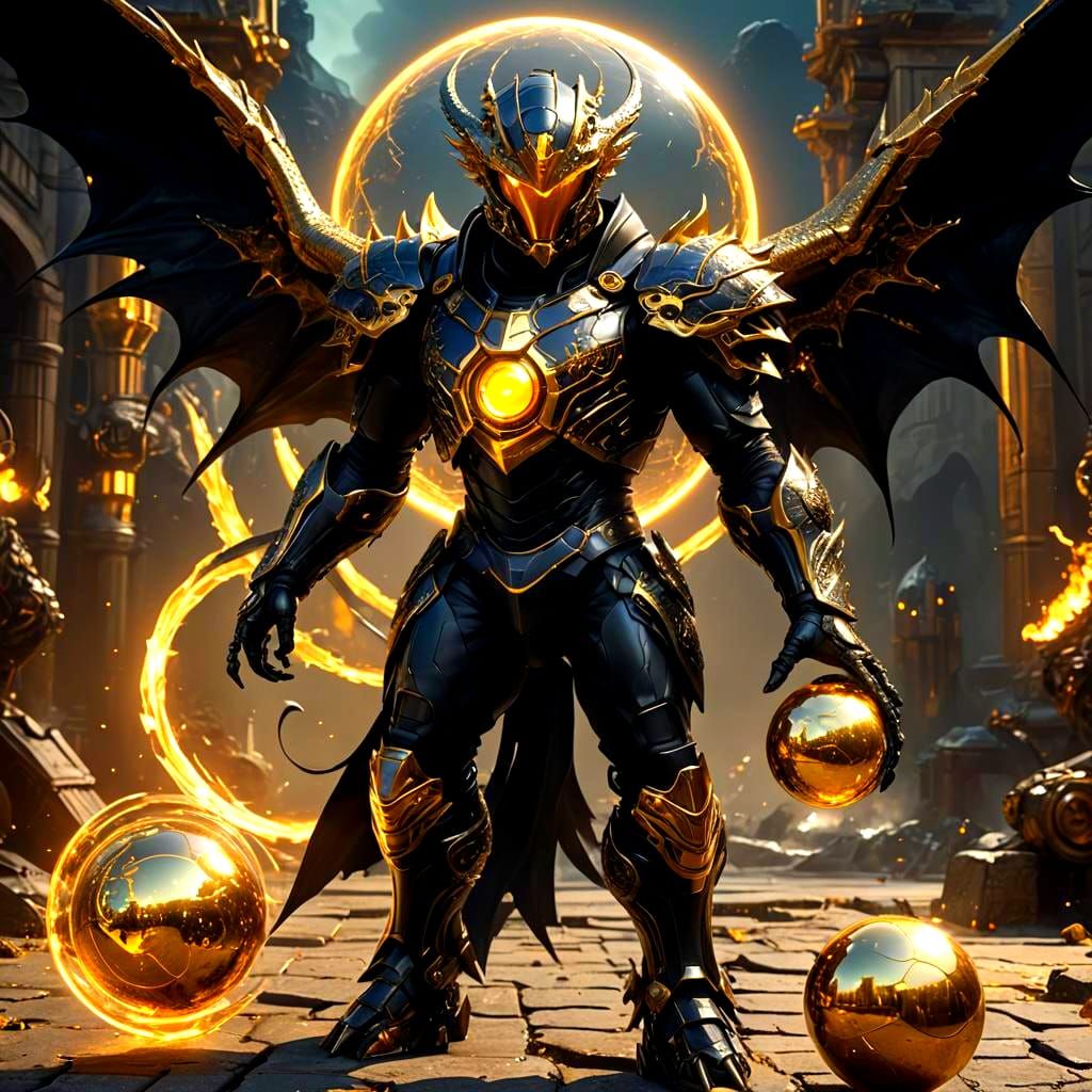 Cybernetic Dragon Supervillain Holding Golden Sphere