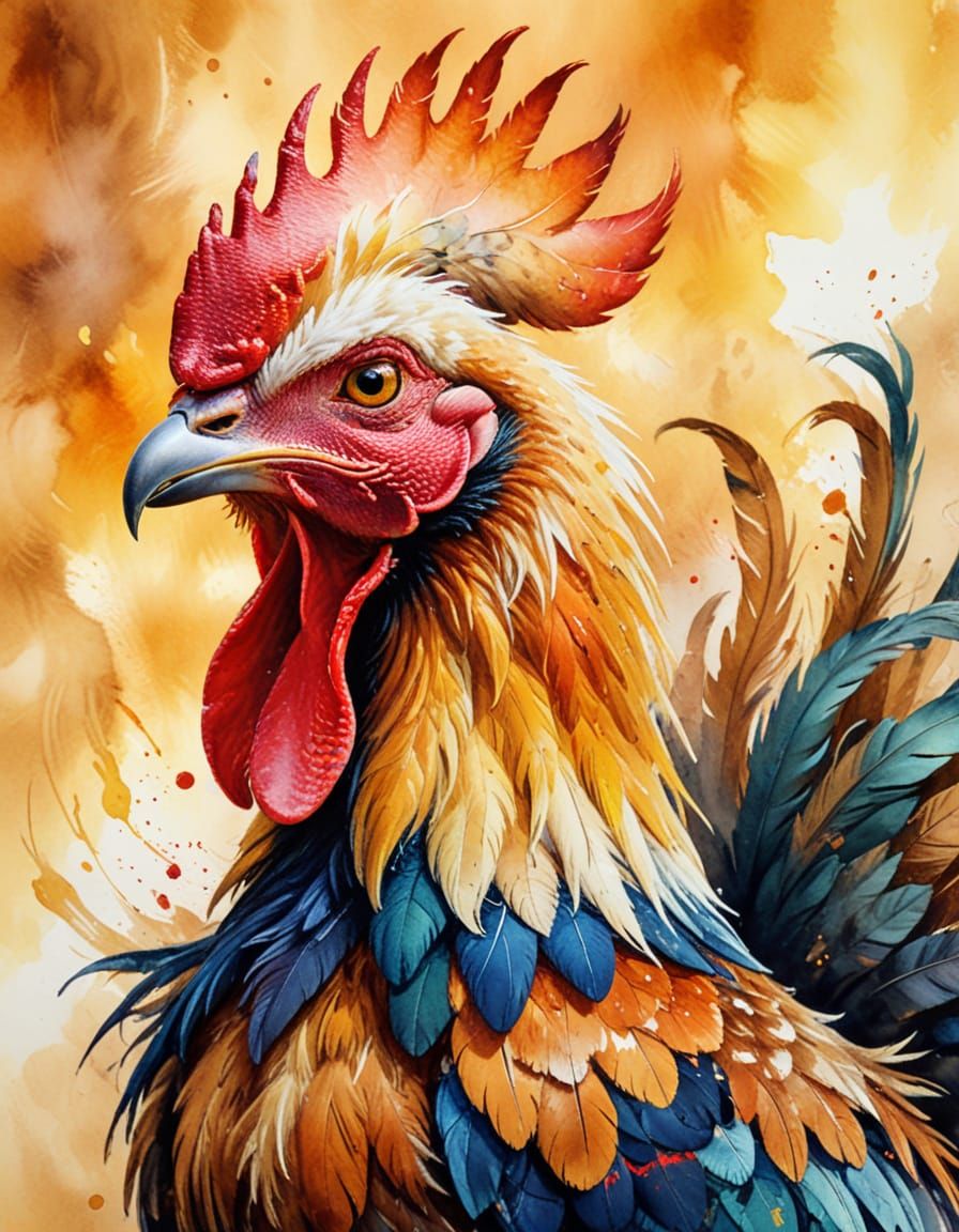 Watercolor Rooster in Vibrant Feathers