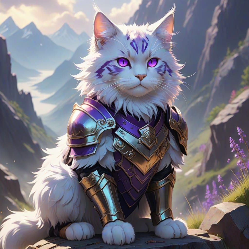 Warrior Cat in Armor: Anime-Inspired Mountain Scene