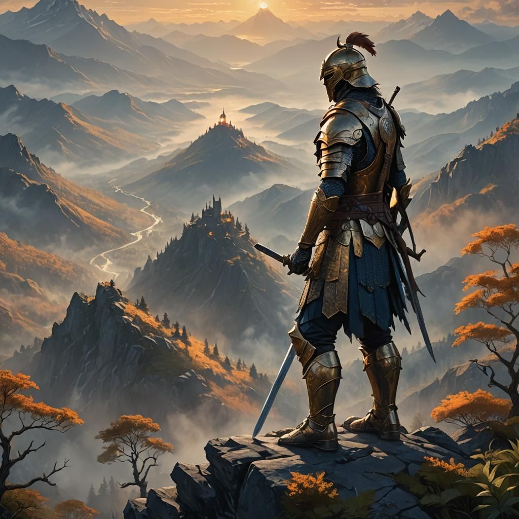 Victorious Warrior on Mountain Peak in Fantasy Style
