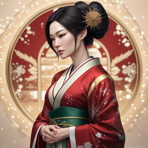 Serene Geisha Woman in Golden Christmas Kimono in Korean Spa...