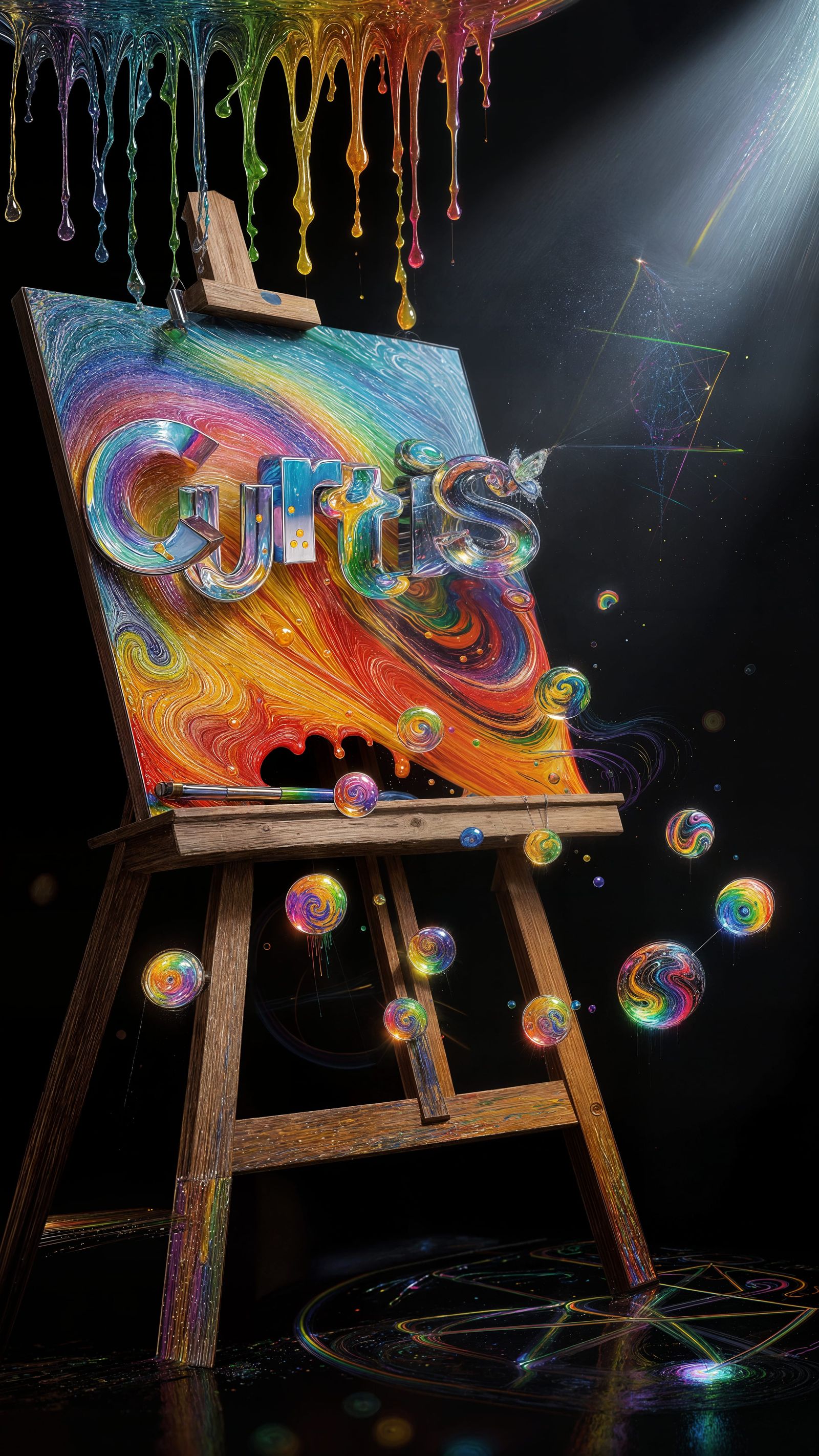 Rainbow Paint Explosion with Chrome Name on Easel