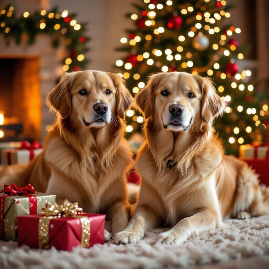 Sparkling Golden Retrievers by Christmas Tree with Presents