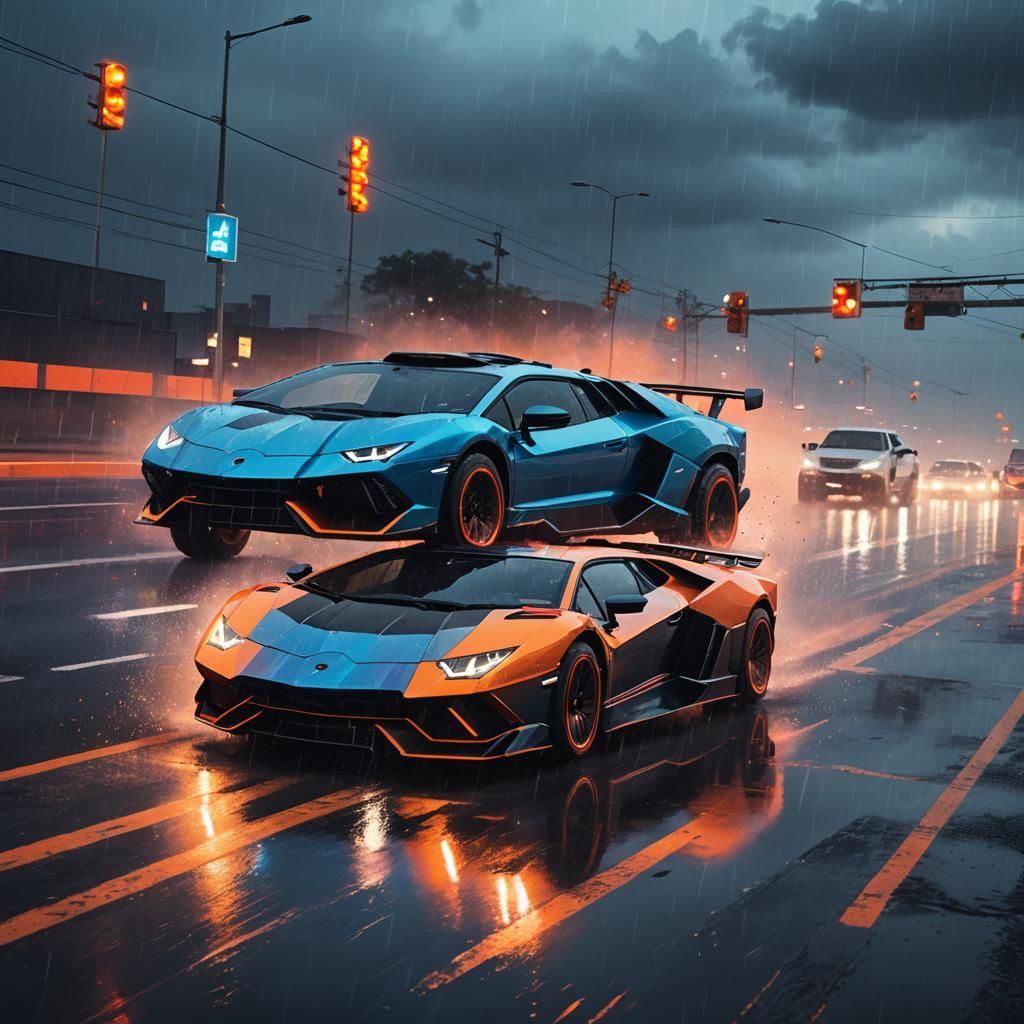 Lamborghini vs Cybertruck on Neon Highway in Digital Art