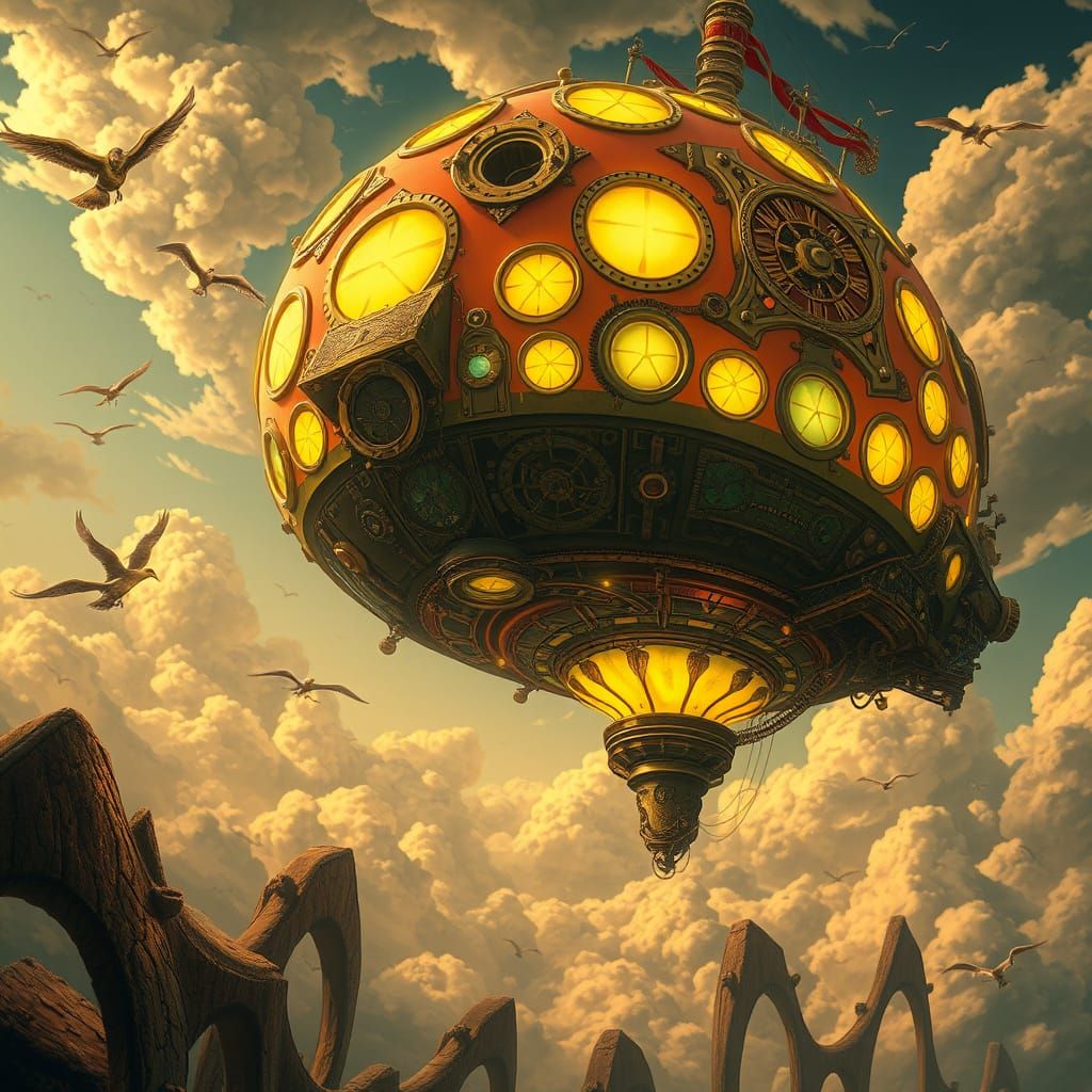 Bioluminescent Mushroom Airship in Steampunk Style