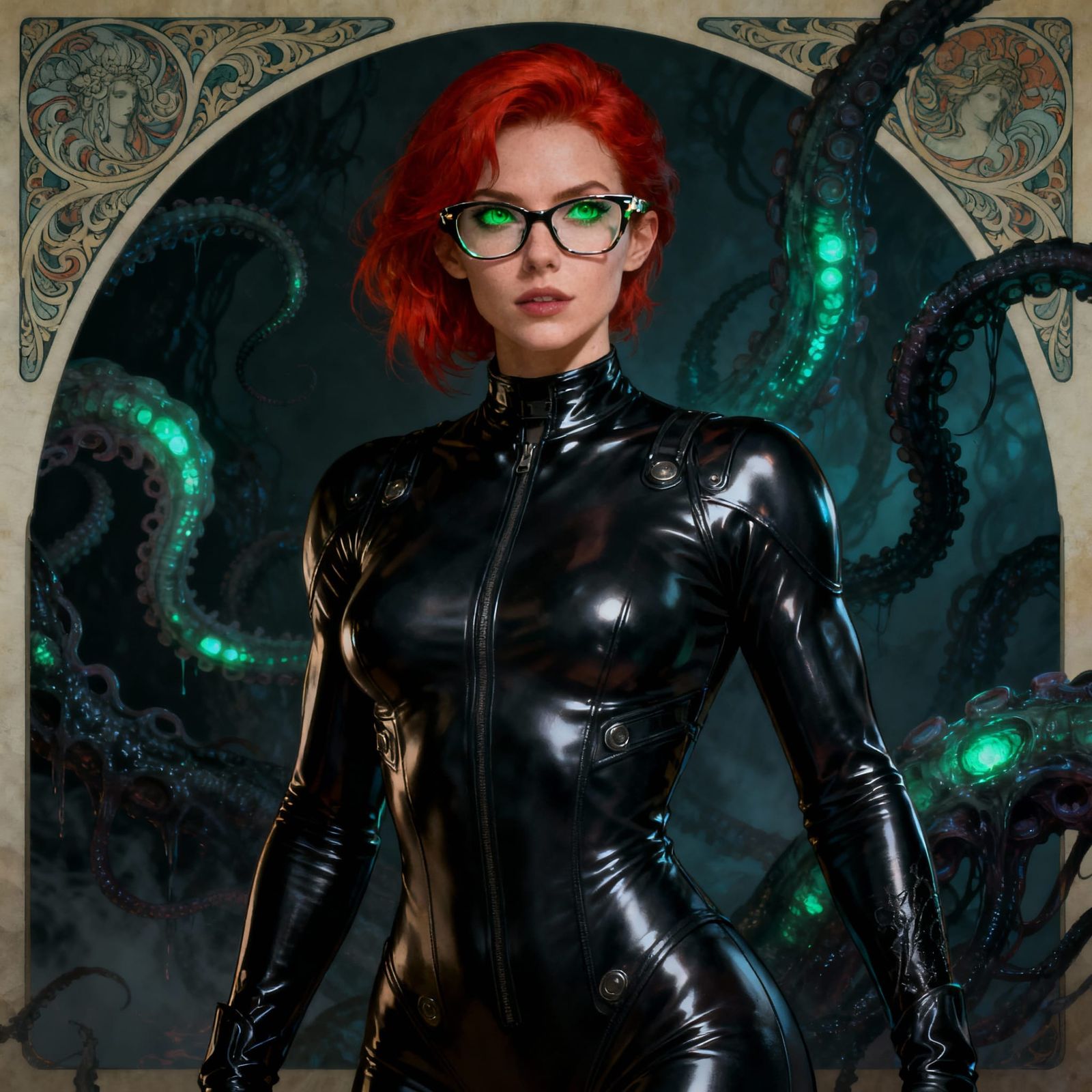 Muscular Redhead in Latex Bodysuit, Dark Fantasy Scene
