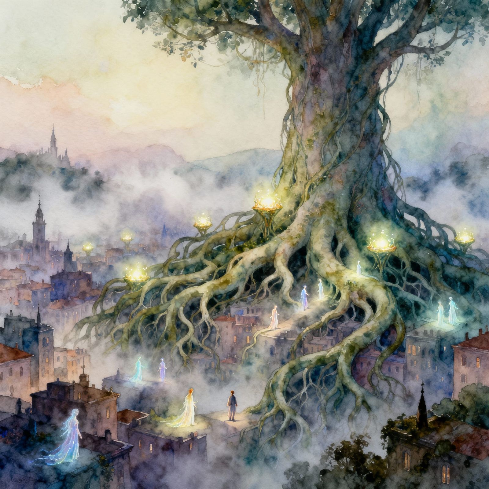 Giant Tree Roots Enveloping Cities, Ethereal Figures Wander