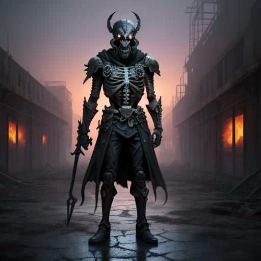 Skeleton Warrior Victorious in Ruined Motel