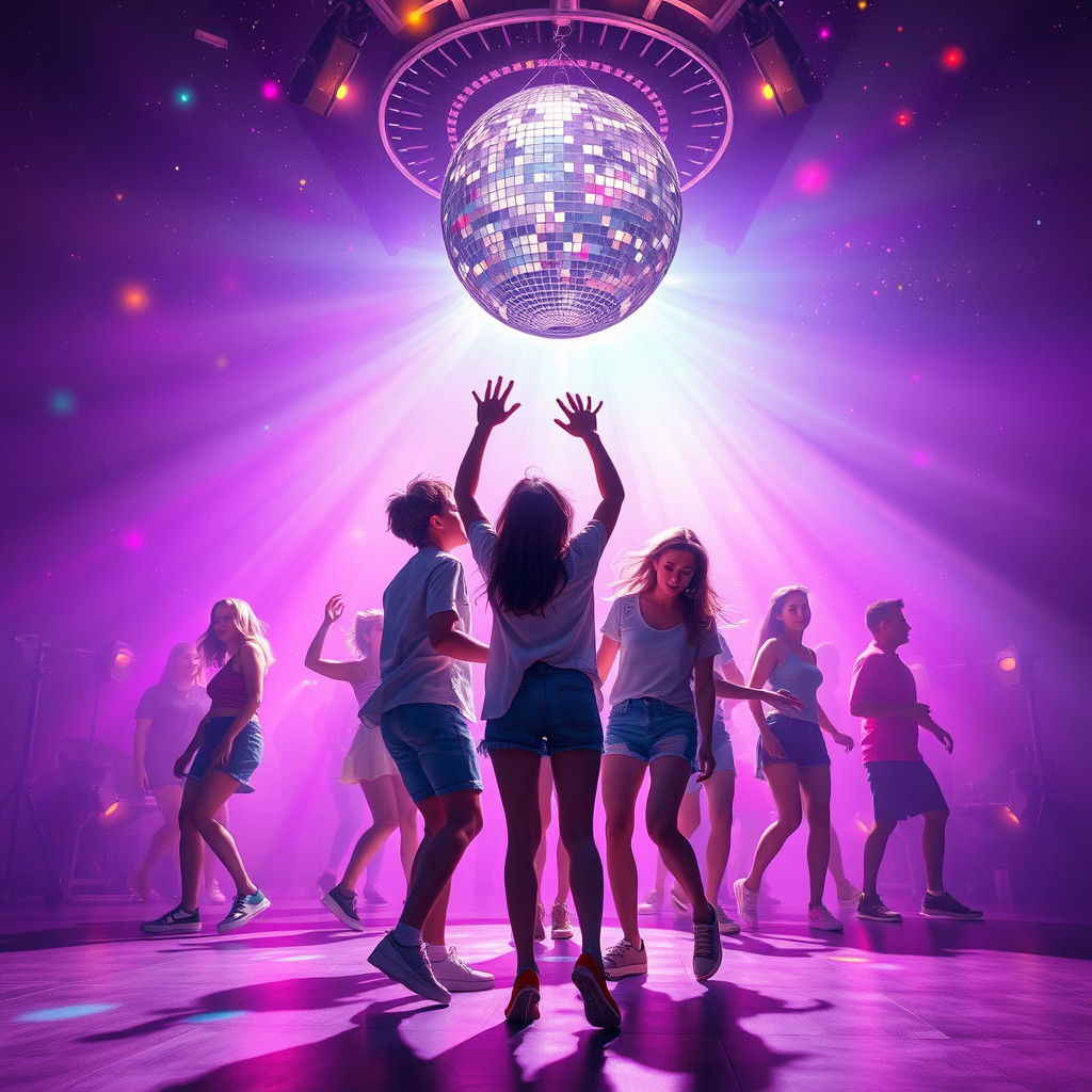 Teenagers Dancing Under Disco Ball in Dreamlike Setting