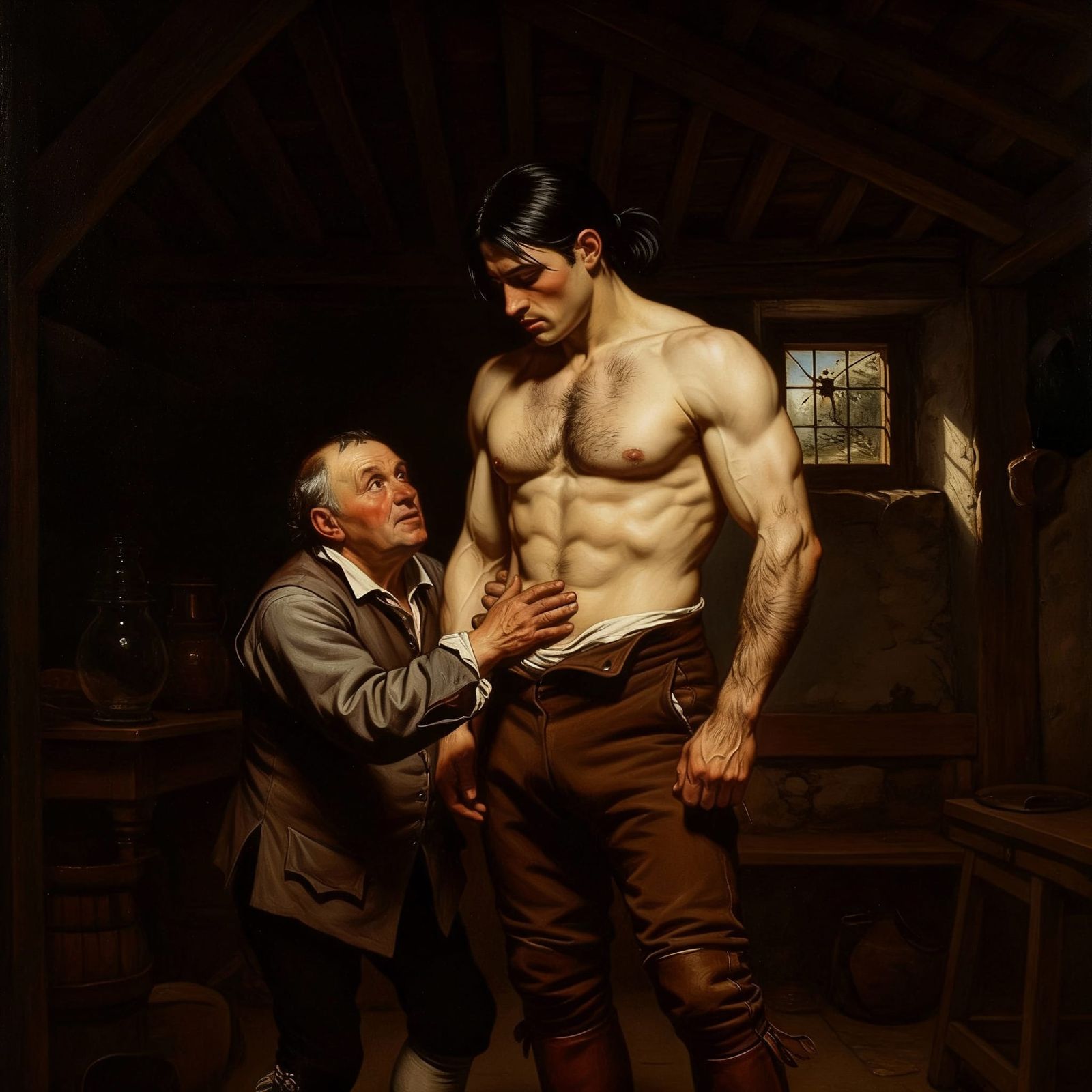 Muscular Gaston Touched by Elderly Man in Rustic Cottage