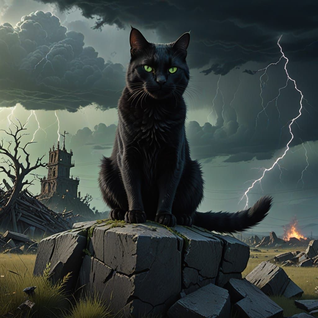 Mysterious Feline Figure Surveys a Darkening Landscape