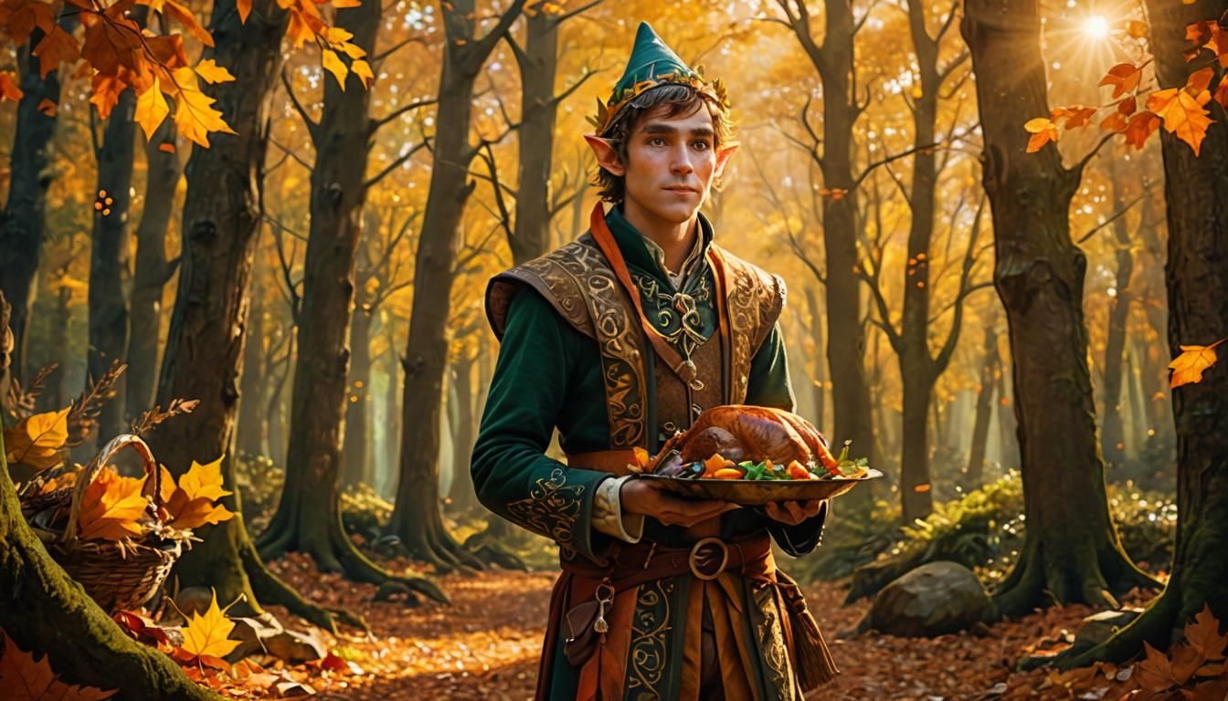Thanksgiving Elf in Autumn Forest: Fantasy Art