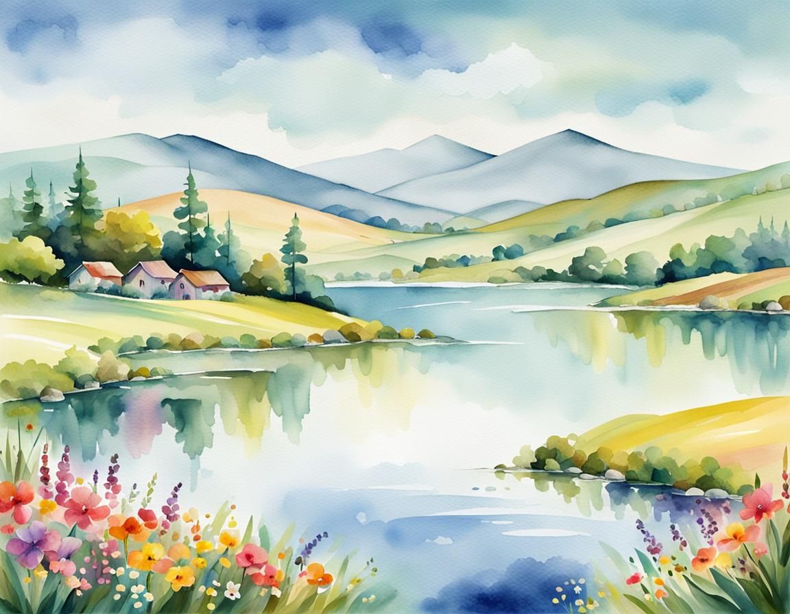 Watercolor Landscape with Rolling Hills and Lake