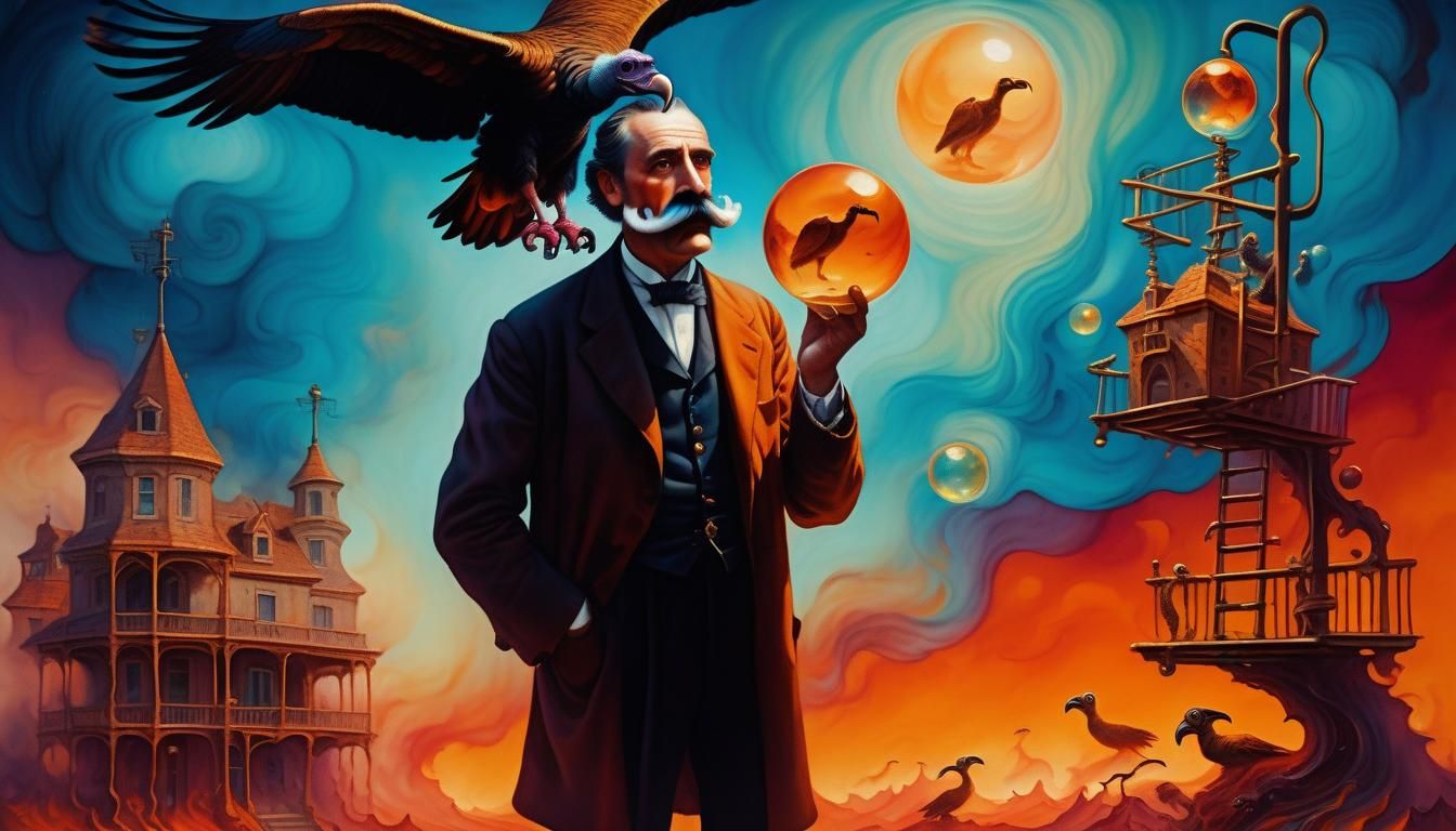 Surreal Professor with Vultures in Twilight Oil Painting