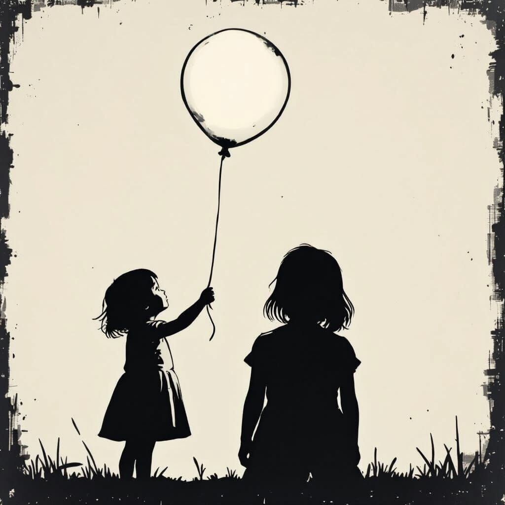 Girl Loses White Balloon in Minimalist Stencil Art