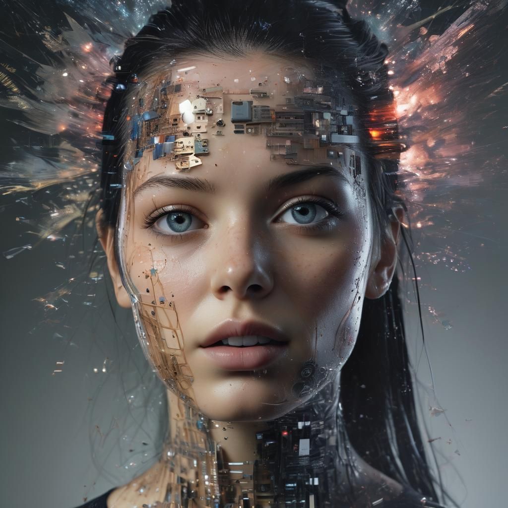 (Double Exposure Image Of The Face Of AI Created Out Of Bits...