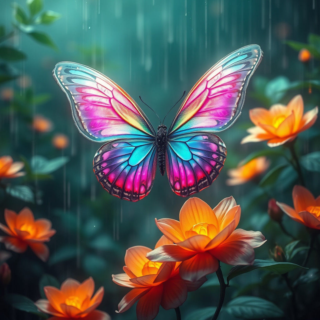 Iridescent Butterfly in Mystical Rain, Digital Matte Paintin...