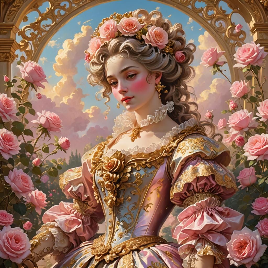 Rococo Aristocrat in Rose Garden with Golden Light