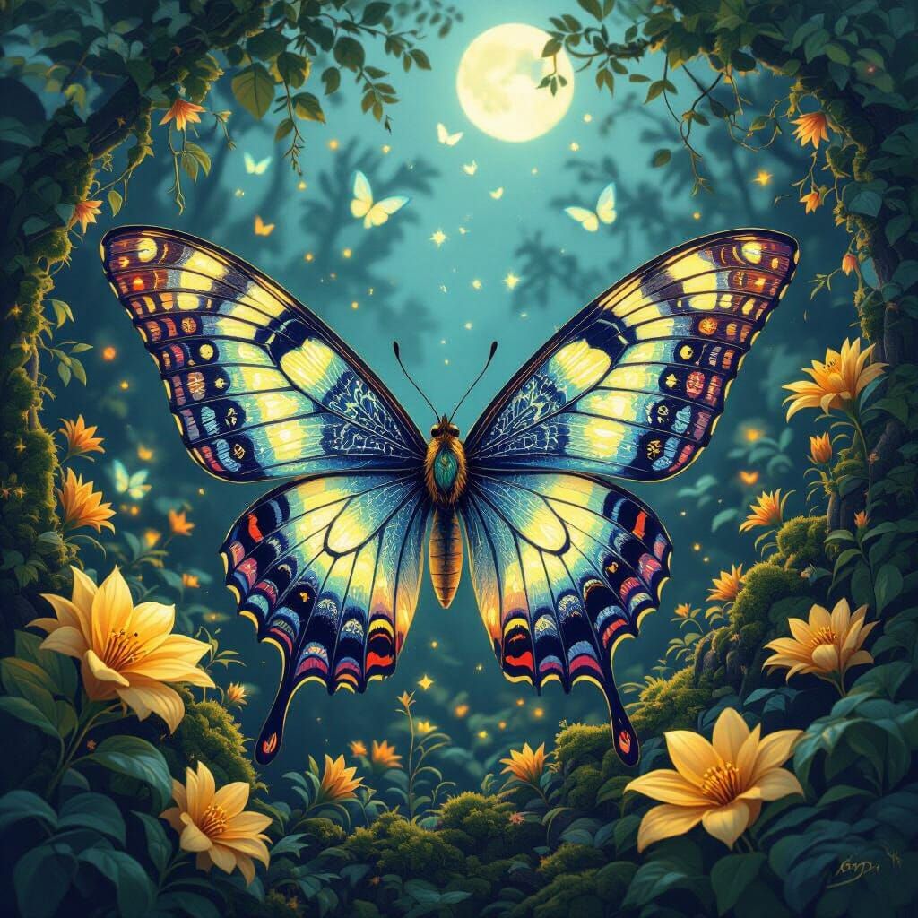 Bioluminescent Jungle with Iridescent Luna Moths