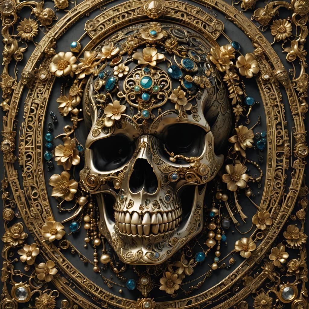 A hyperrealistic photograph of a skull adorned with intricat...