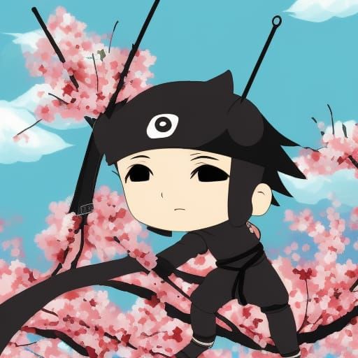 Chibi Ninja Surrounded by Cherry Blossoms in Ghibli Style