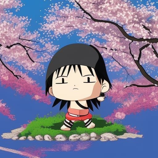 Chibi Ninja Surrounded by Cherry Blossoms: Ghibli Style