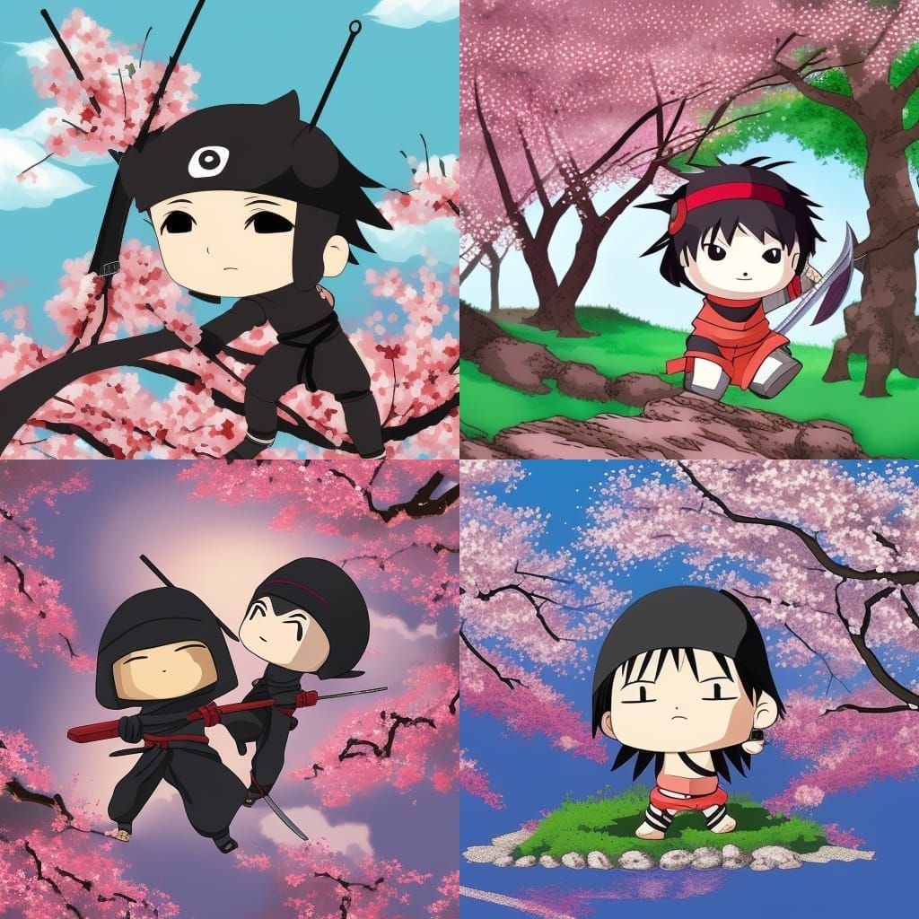 Chibi Ninja with Sword Under Cherry Blossoms: Ghibli Style