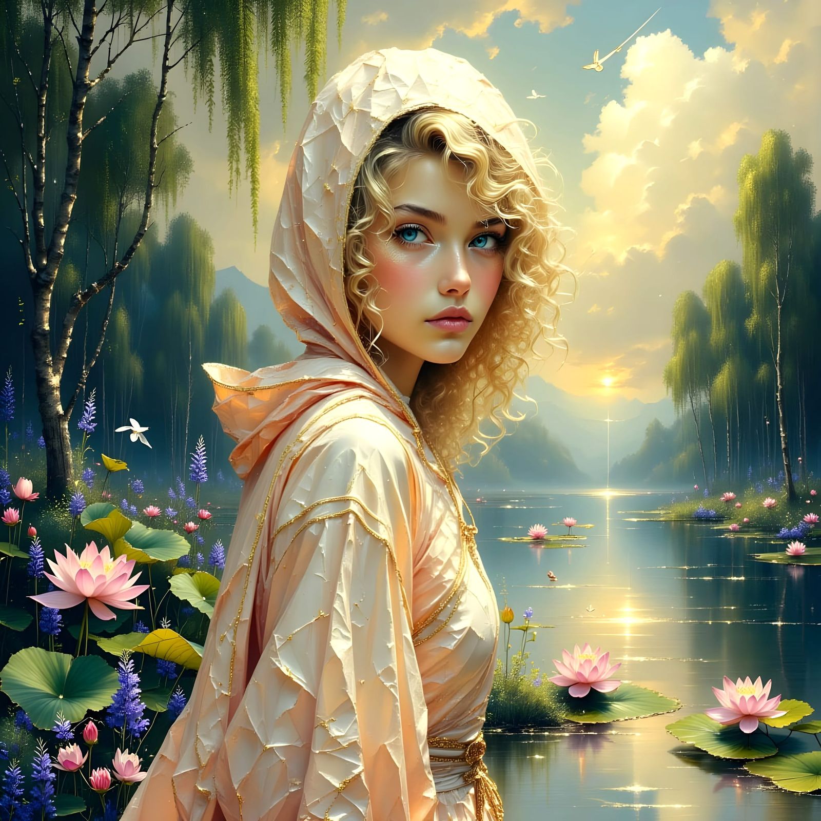 Enchanting Goddess in Golden Robe Amidst Mystical Landscape