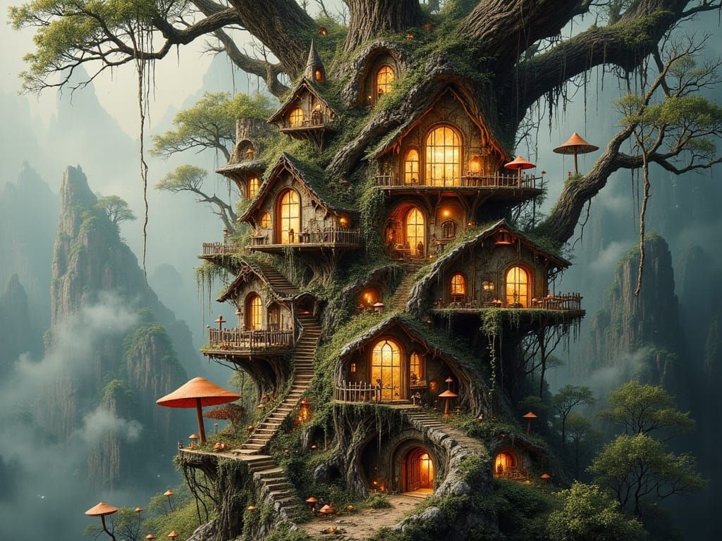 Detailed Birdhouse Village in Medieval Fantasy Style